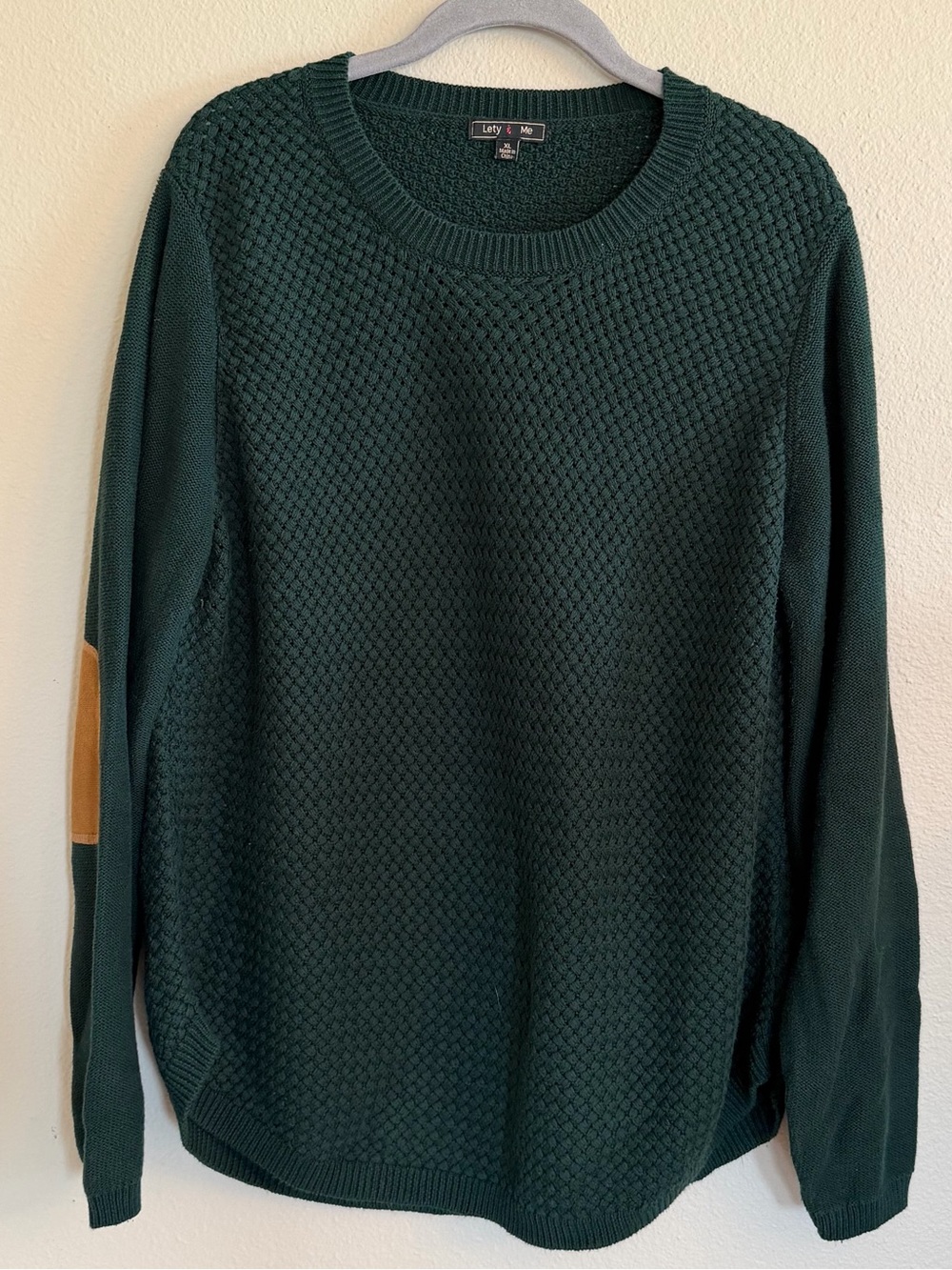 Lefty & Me Forest Green Crewneck Sweater with Tan Elbow Patches